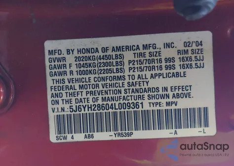 2004 Honda Element Ex from USA, damaged, VIN 5J6YH28604L009361